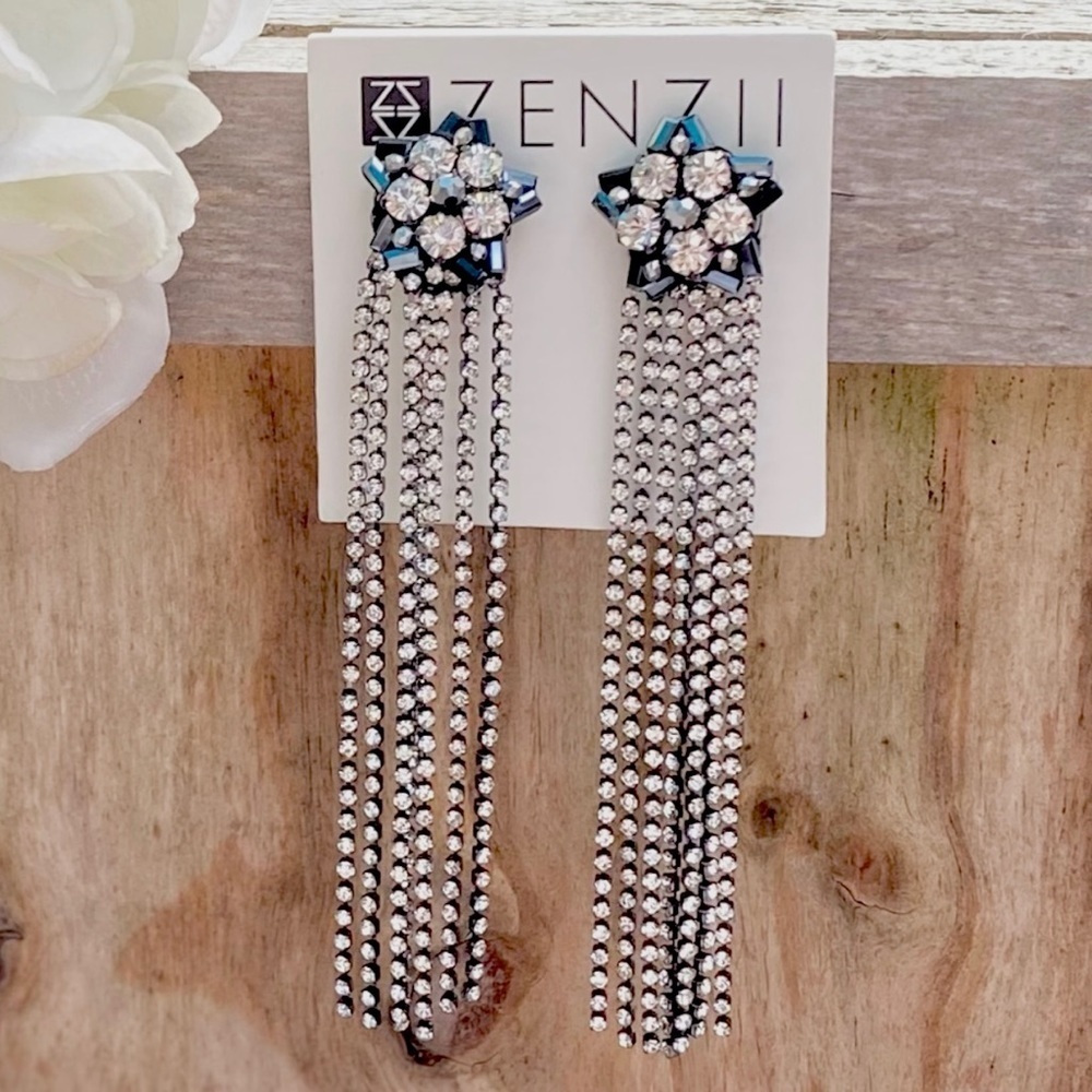 NWT ZENZII BLACK CRYSTAL TASSEL CLIP DROP EARRINGS